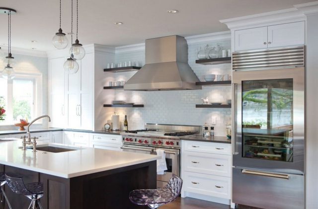 Dark shelves on both sides of the cooker hood