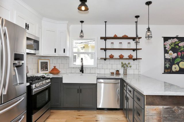 Open shelves attached to the ceiling and walls