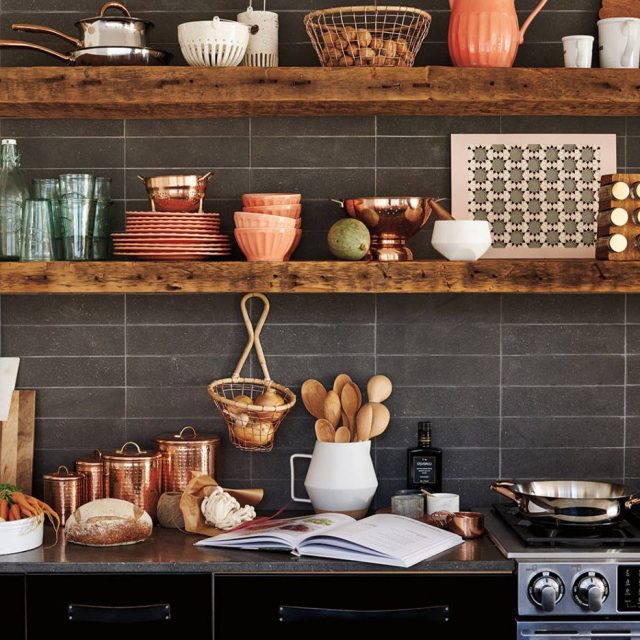 Open shelves in the dark kitchen