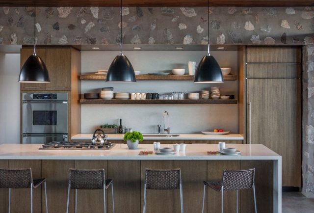 Open shelves in the working area of the kitchen