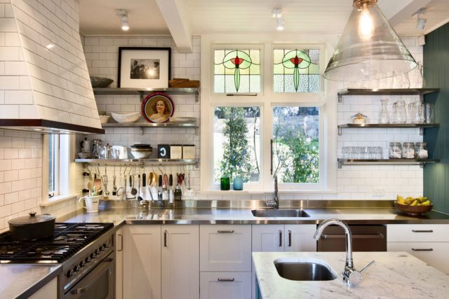 Stainless steel shelves in the kitchen