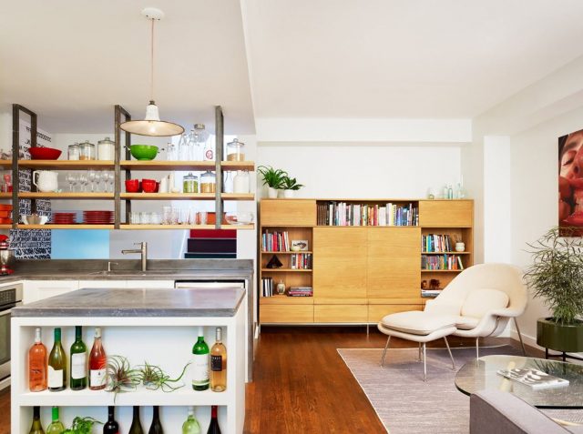 Suspended shelves above the kitchen island