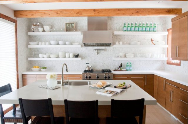 White open shelves and stainless steel kitchen hoods