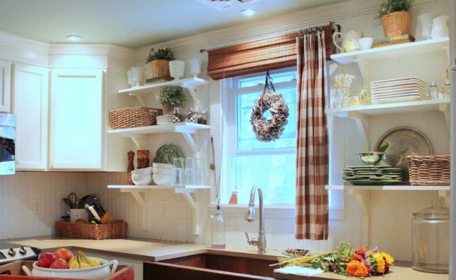 White open shelves in the country kitchen