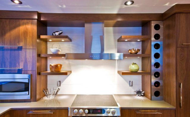 Wooden kitchen shelves with lighting