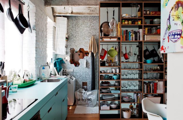 Wooden open shelving in the kitchen